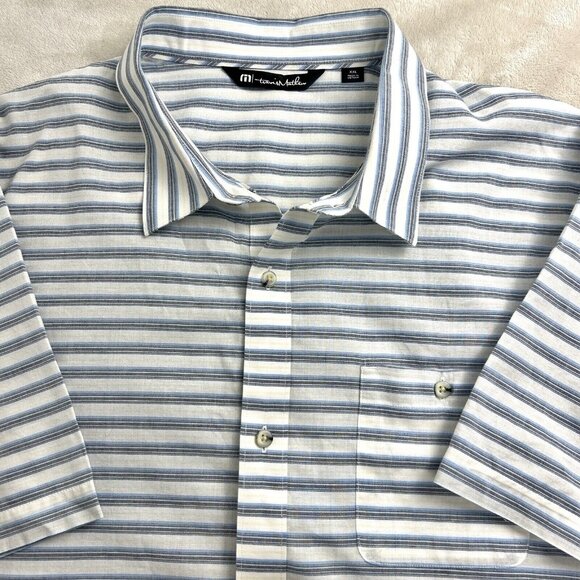 Travis Mathew Short Sleeves Men's Shirt XXL Button Front Plaid Cotton Blue White - Picture 1 of 5